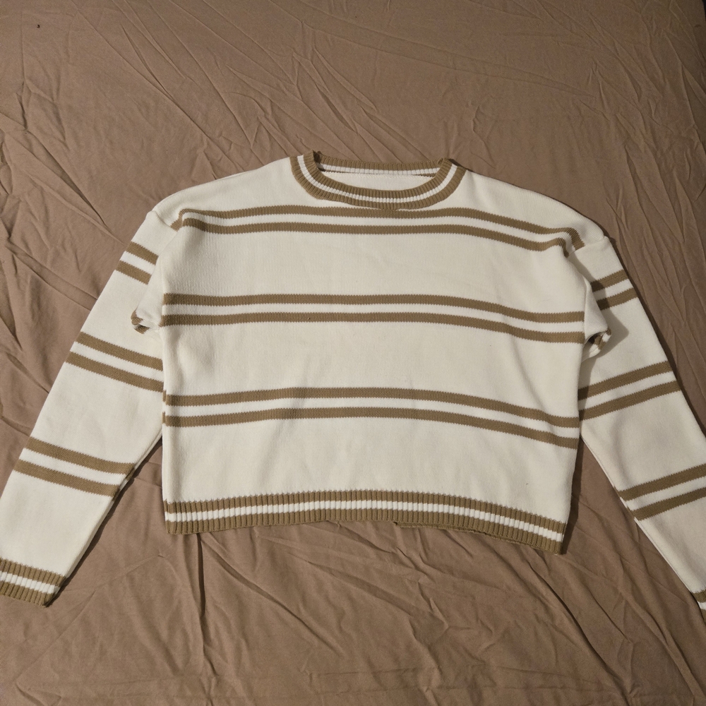 Striped Crewneck Sweater in Cream and Tan